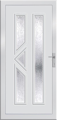 Amelthea. Rendelhető debreceni üzletünkben. Műanyag bejárati ajtók, raktárról azonnal. Vízszintes savmart üvegezéssel. Fehér színben, könnyen tisztítható felület