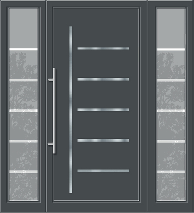 Elena Széles termék választék Budapesti irodánkban. Minden legyártott Kömmerling bejárati ajtót házhoz szállítunk. Minimál stílus kedvelőinek 6 Inox csík karállósága kiváló. A HPL ajtóbetétek ellenállnak az időjárás minden viszonyának.